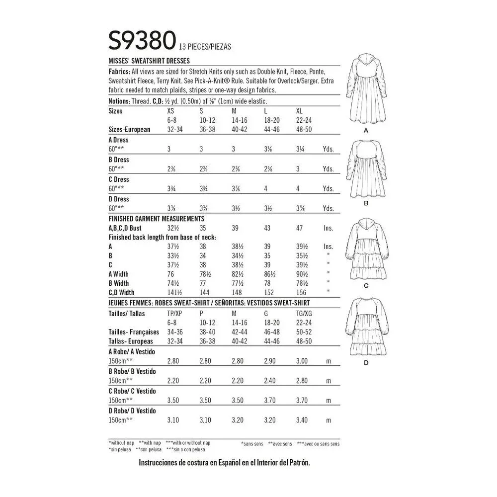 Simplicity Sewing Pattern 9380 11183 Sweatshirt‎ Dress Misses Size XS-XL